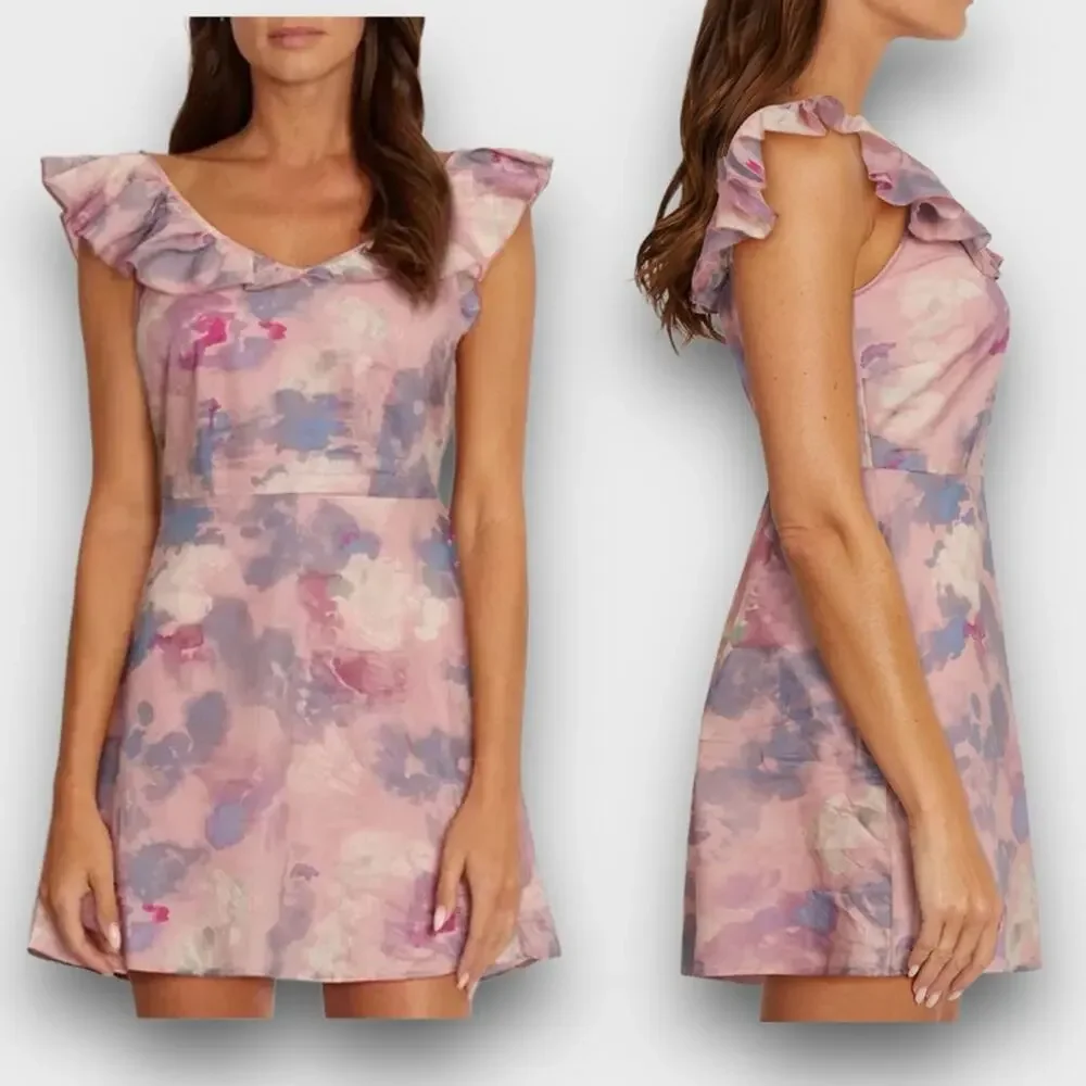 Wildfox NWOT Blair Deep V Ruffle Soft Abstract Watercolor Dress - M - Picture 2 of 12